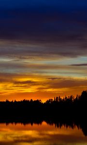 Preview wallpaper sunset, lake, trees, silhouettes, dark, reflection