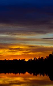 Preview wallpaper sunset, lake, trees, silhouettes, dark, reflection