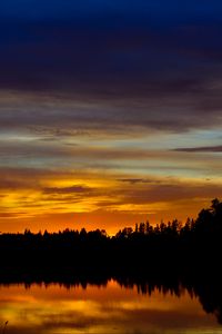 Preview wallpaper sunset, lake, trees, silhouettes, dark, reflection