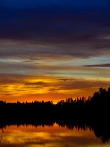 Preview wallpaper sunset, lake, trees, silhouettes, dark, reflection