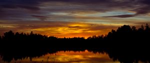 Preview wallpaper sunset, lake, trees, silhouettes, dark, reflection
