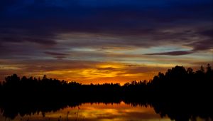 Preview wallpaper sunset, lake, trees, silhouettes, dark, reflection
