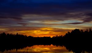 Preview wallpaper sunset, lake, trees, silhouettes, dark, reflection