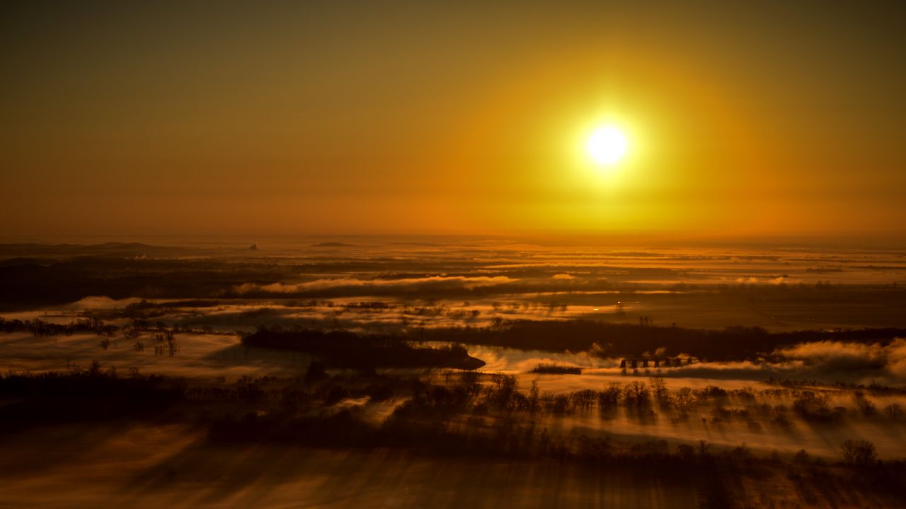 Wallpaper sunset, landscape, aerial view, dusk, horizon