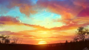 Preview wallpaper sunset, landscape, art, sun, skyline, trees