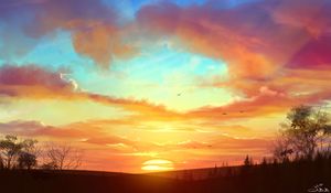 Preview wallpaper sunset, landscape, art, sun, skyline, trees