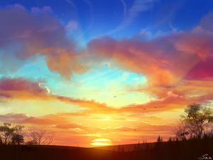 Preview wallpaper sunset, landscape, art, sun, skyline, trees