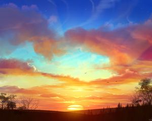 Preview wallpaper sunset, landscape, art, sun, skyline, trees