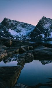 Preview wallpaper sunset, mountain, lake, snowy, norway