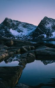 Preview wallpaper sunset, mountain, lake, snowy, norway