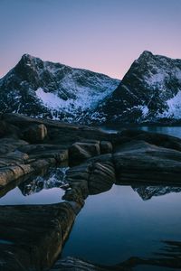 Preview wallpaper sunset, mountain, lake, snowy, norway