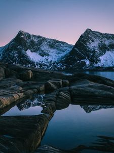 Preview wallpaper sunset, mountain, lake, snowy, norway