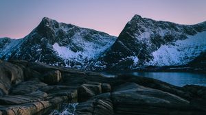 Preview wallpaper sunset, mountain, lake, snowy, norway