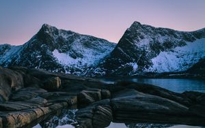 Preview wallpaper sunset, mountain, lake, snowy, norway