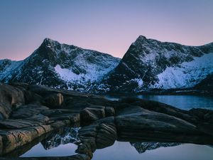 Preview wallpaper sunset, mountain, lake, snowy, norway