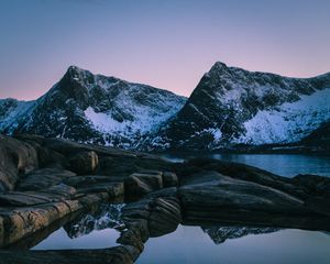 Preview wallpaper sunset, mountain, lake, snowy, norway