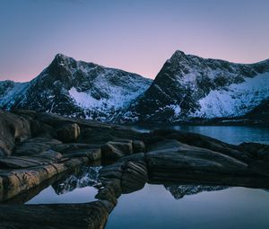 Preview wallpaper sunset, mountain, lake, snowy, norway