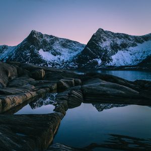 Preview wallpaper sunset, mountain, lake, snowy, norway