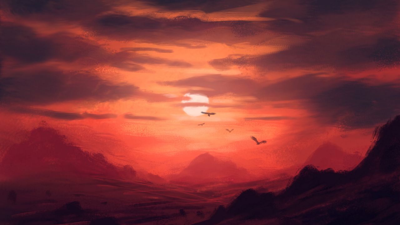 Wallpaper sunset, mountains, birds, sun, art