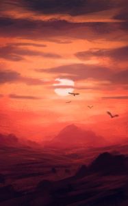 Preview wallpaper sunset, mountains, birds, sun, art