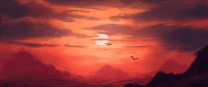 Preview wallpaper sunset, mountains, birds, sun, art