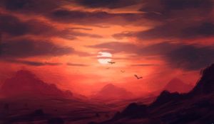 Preview wallpaper sunset, mountains, birds, sun, art