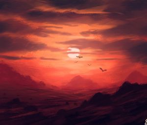 Preview wallpaper sunset, mountains, birds, sun, art