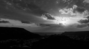 Preview wallpaper sunset, mountains, bw, landscape