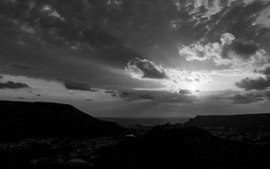 Preview wallpaper sunset, mountains, bw, landscape