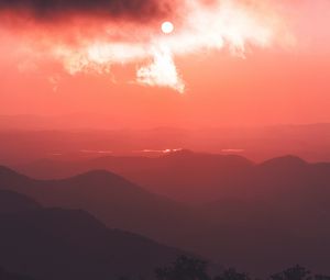Preview wallpaper sunset, mountains, fog, clouds, dusk