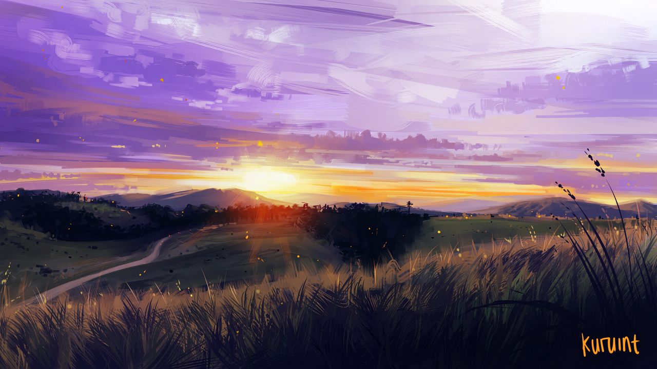 Wallpaper sunset, mountains, grass, landscape, art