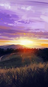Preview wallpaper sunset, mountains, grass, landscape, art