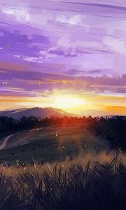 Preview wallpaper sunset, mountains, grass, landscape, art