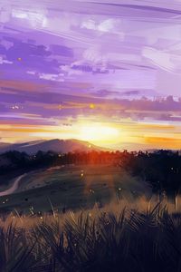Preview wallpaper sunset, mountains, grass, landscape, art