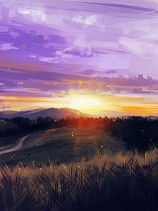 Preview wallpaper sunset, mountains, grass, landscape, art