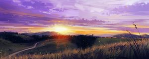Preview wallpaper sunset, mountains, grass, landscape, art