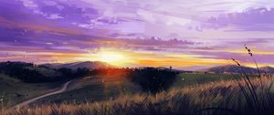 Preview wallpaper sunset, mountains, grass, landscape, art