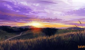 Preview wallpaper sunset, mountains, grass, landscape, art