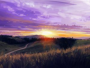 Preview wallpaper sunset, mountains, grass, landscape, art