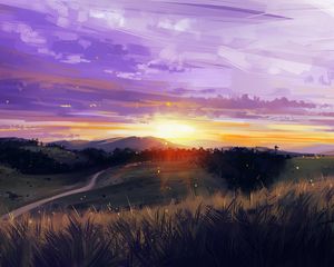 Preview wallpaper sunset, mountains, grass, landscape, art