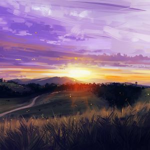 Preview wallpaper sunset, mountains, grass, landscape, art