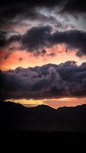 Preview wallpaper sunset, mountains, hills, sky, clouds