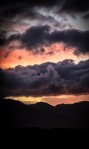 Preview wallpaper sunset, mountains, hills, sky, clouds