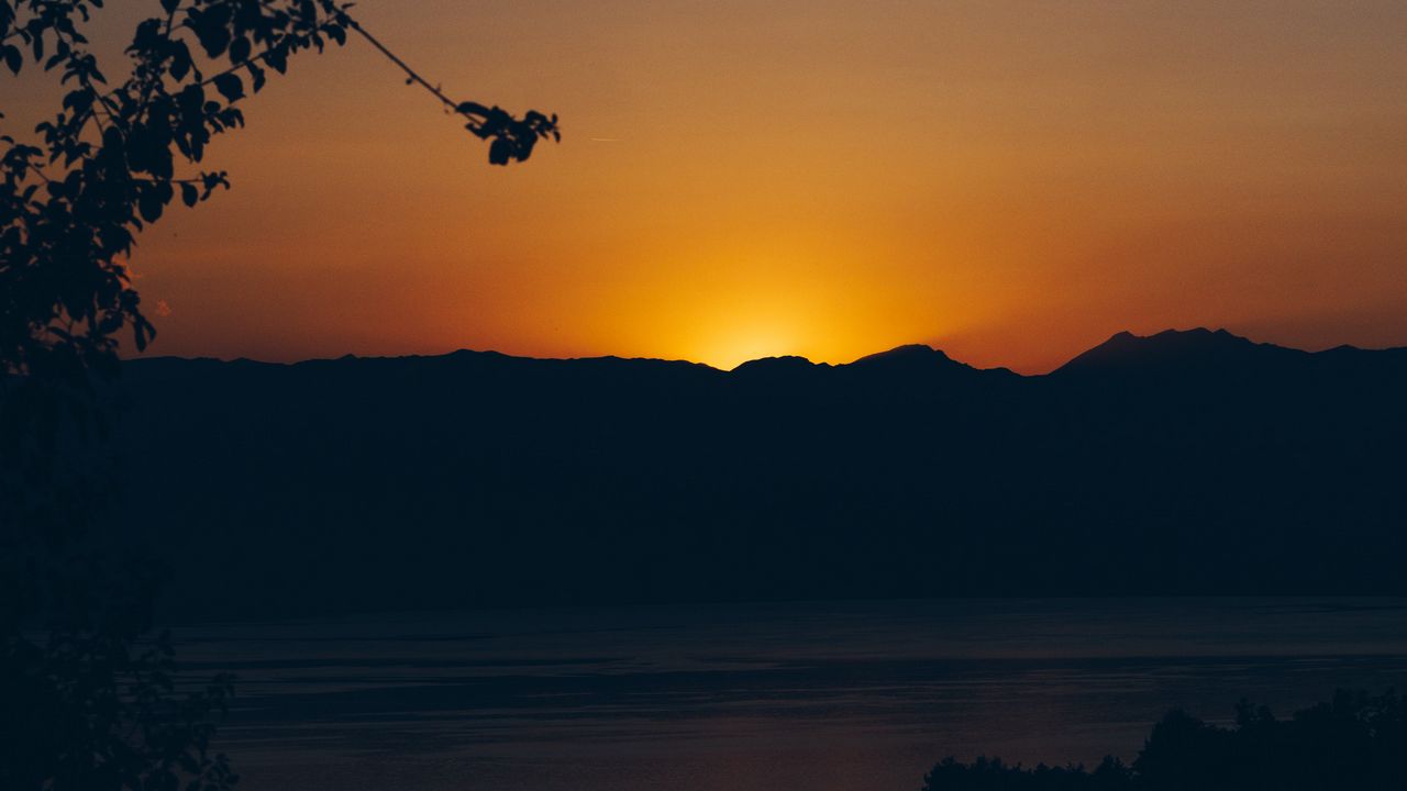 Wallpaper sunset, mountains, lake, dark, dusk
