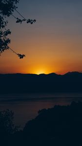 Preview wallpaper sunset, mountains, lake, dark, dusk