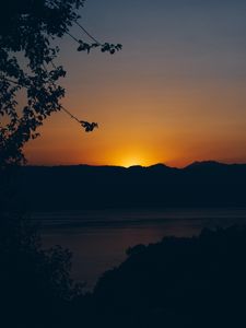Preview wallpaper sunset, mountains, lake, dark, dusk