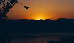 Preview wallpaper sunset, mountains, lake, dark, dusk