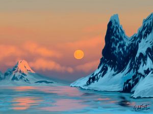 Preview wallpaper sunset, mountains, lake, landscape, art