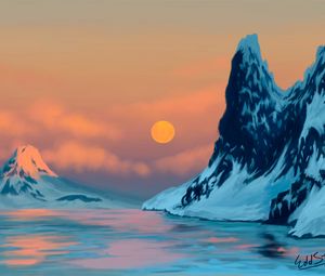 Preview wallpaper sunset, mountains, lake, landscape, art
