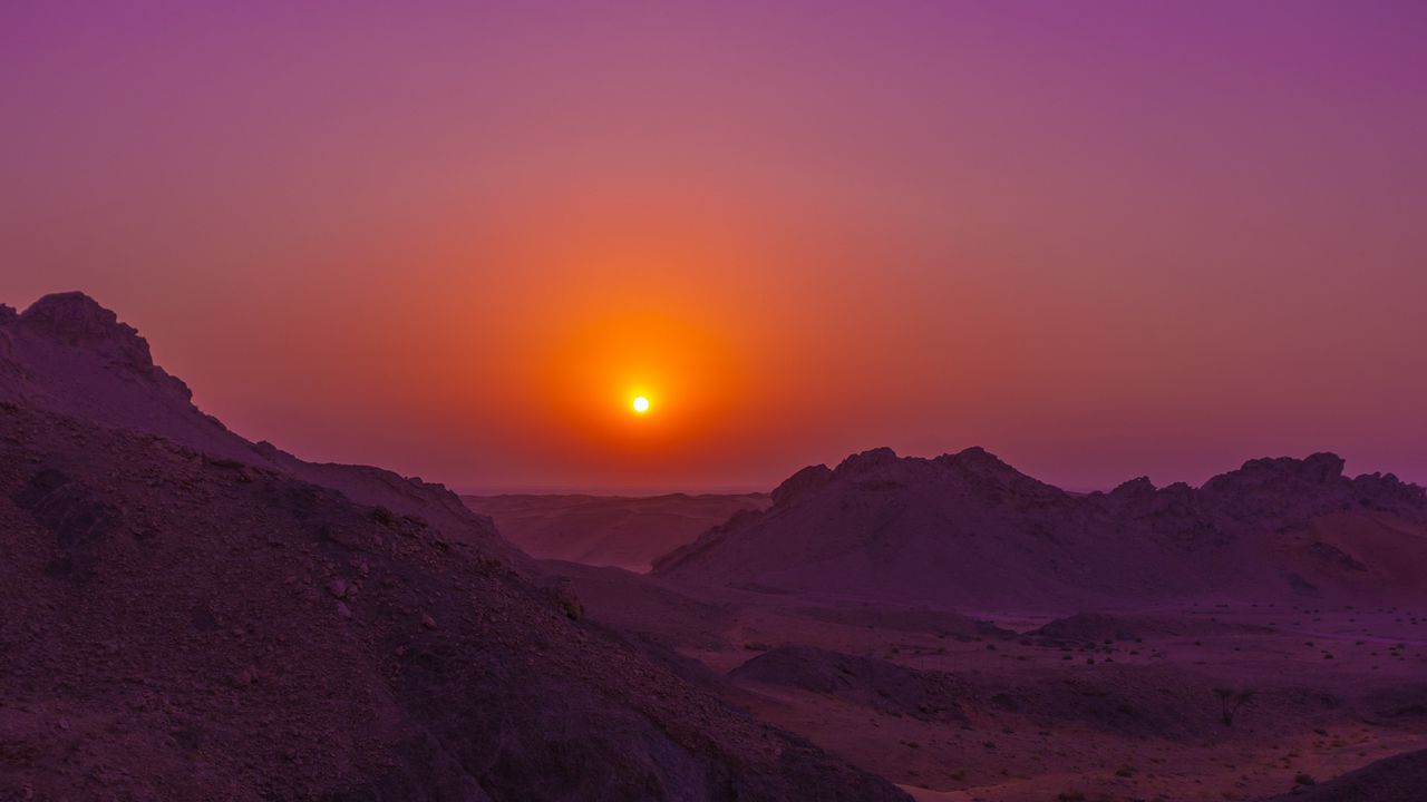 Wallpaper sunset, mountains, rocks, desert, sky